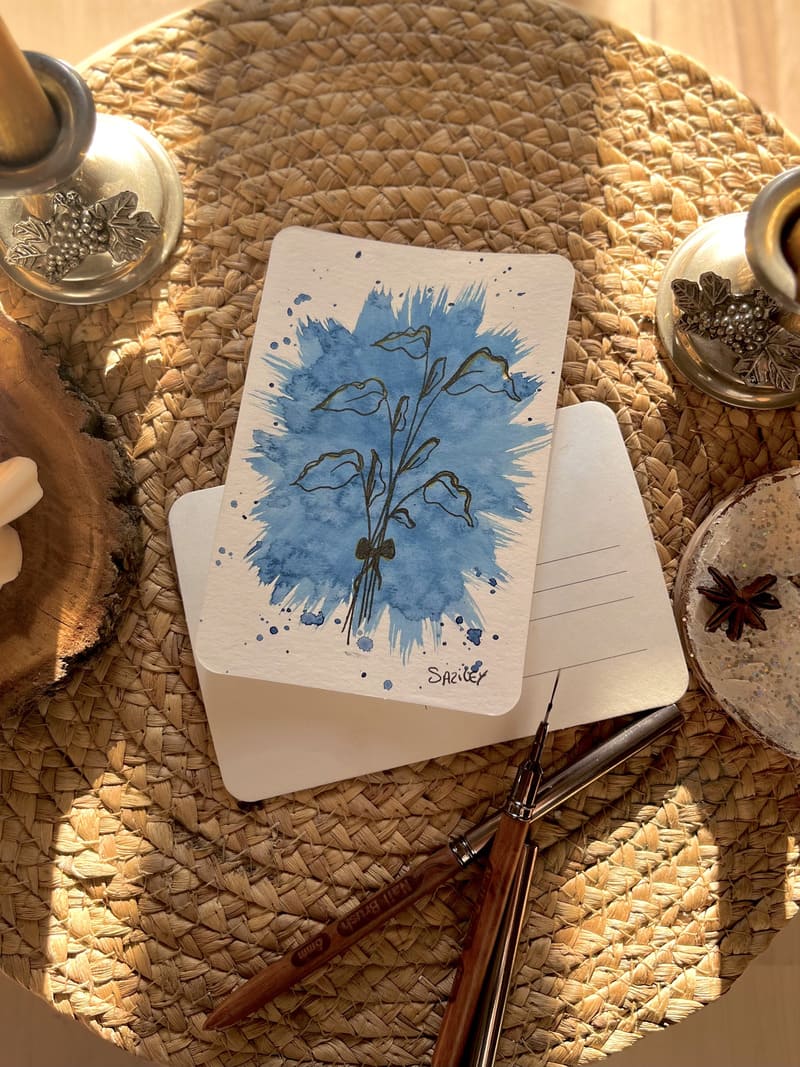 carte aquarelle bleue - création artisanale et unique, art 